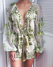 Deep V Neck Long Sleeve Jumpsuit