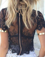 Short Sleeve Hollow Out With Zipper Blusas