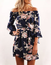 Off Shoulder Floral Print Chiffon Dress