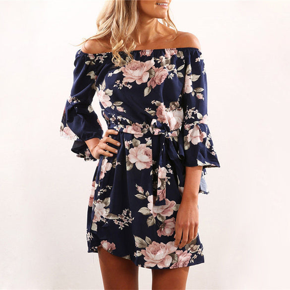 Off Shoulder Floral Print Chiffon Dress