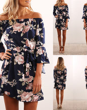 Off Shoulder Floral Print Chiffon Dress