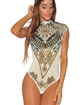 Print Voile Perspective Women Bodysuit
