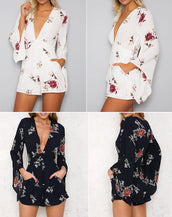 Deep V Neck White Floral Print Playsuits
