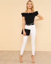 Flower Applique Off Shoulder Women Bodysuit