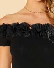 Flower Applique Off Shoulder Women Bodysuit