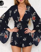 Deep V Neck White Floral Print Playsuits