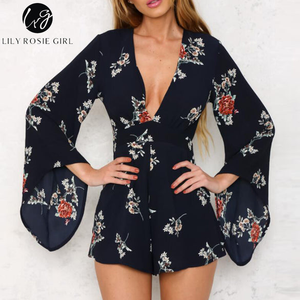 Deep V Neck White Floral Print Playsuits