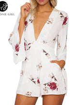 Deep V Neck White Floral Print Playsuits