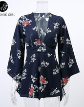 Deep V Neck White Floral Print Playsuits