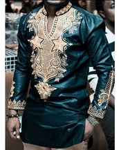 Luxury Dashiki Men Dress African Clothing Shirts Long Sleeve Riche Printed V Neck Stand Collar Traditional Elegant Green Color