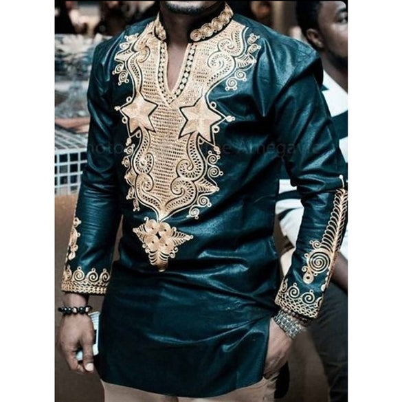 Luxury Dashiki Men Dress African Clothing Shirts Long Sleeve Riche Printed V Neck Stand Collar Traditional Elegant Green Color