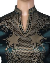 Luxury Dashiki Men Dress African Clothing Shirts Long Sleeve Riche Printed V Neck Stand Collar Traditional Elegant Green Color