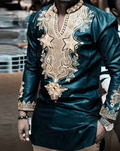 Luxury Dashiki Men Dress African Clothing Shirts Long Sleeve Riche Printed V Neck Stand Collar Traditional Elegant Green Color