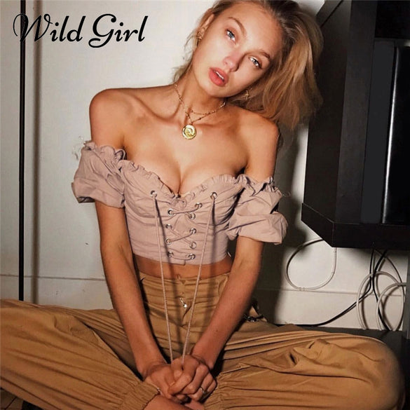 Off shoulder Ruffle Midriff-Baring Top for Women