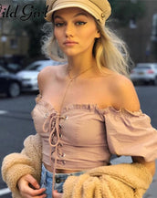 Off shoulder Ruffle Midriff-Baring Top for Women