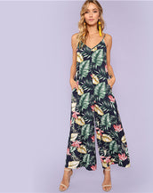 Backless Leaf Print Women Jumpsuit