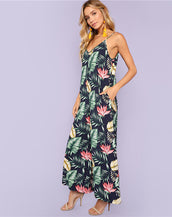 Backless Leaf Print Women Jumpsuit