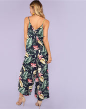 Backless Leaf Print Women Jumpsuit