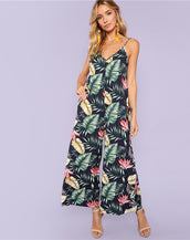 Backless Leaf Print Women Jumpsuit