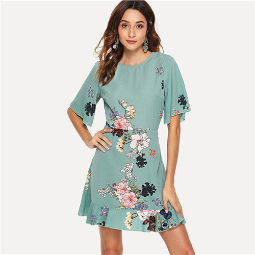 Floral Print Flounce Sleeve Women Dress