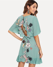 Floral Print Flounce Sleeve Women Dress