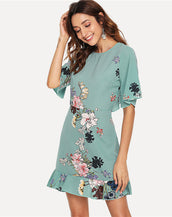 Floral Print Flounce Sleeve Women Dress