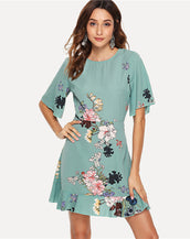 Floral Print Flounce Sleeve Women Dress