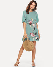 Floral Print Flounce Sleeve Women Dress