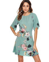 Floral Print Flounce Sleeve Women Dress