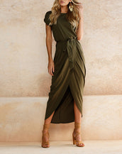 O-Neck Short Sleeved Split Dress