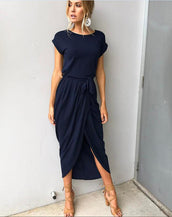 O-Neck Short Sleeved Split Dress