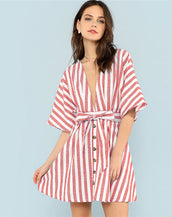 Backless Button Front Striped Women