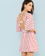 Backless Button Front Striped Women