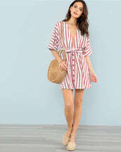Backless Button Front Striped Women