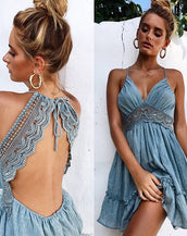 Spaghetti Strap Backless Lace Patchwork Dress