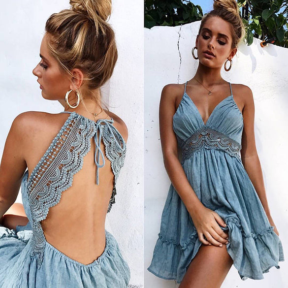 Spaghetti Strap Backless Lace Patchwork Dress