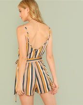 Elastic Belted Striped Women Romper