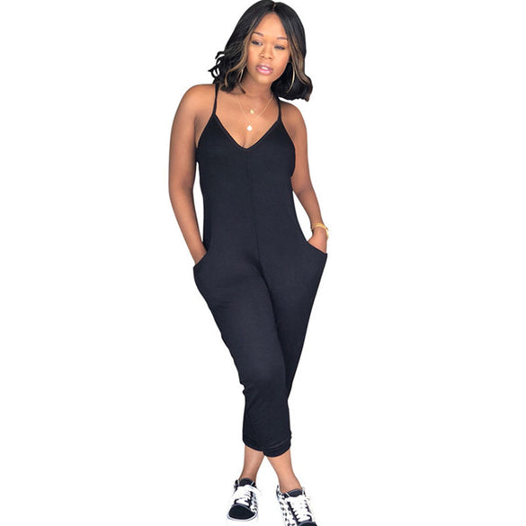 Spaghetti Strap Pockets Loose Rompers Jumpsuit
