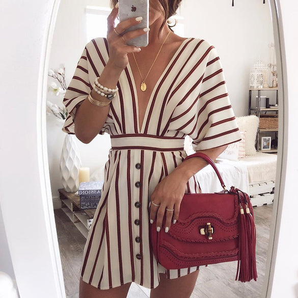 Vintage Casual Beach Striped Button Dress