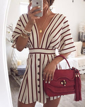 Vintage Casual Beach Striped Button Dress
