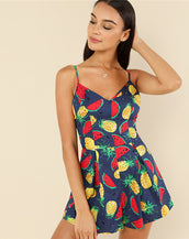 Fruit Print Boxed Pleated Women Jumpsuit