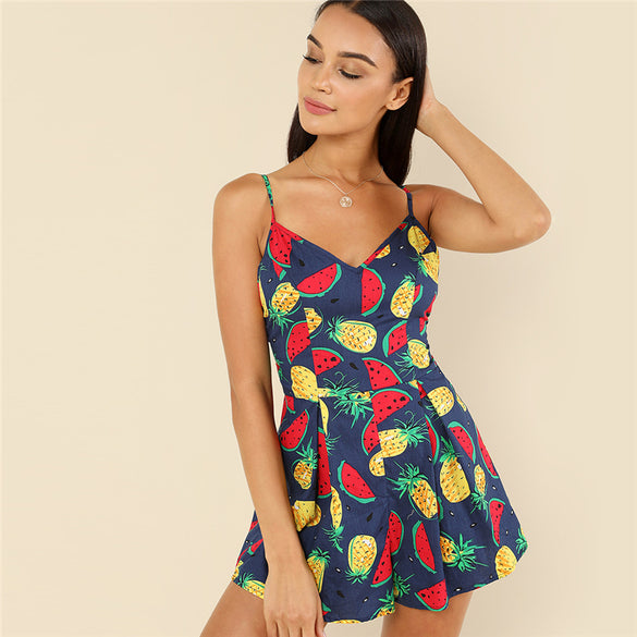 Fruit Print Boxed Pleated Women Jumpsuit