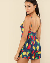 Fruit Print Boxed Pleated Women Jumpsuit
