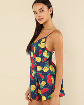 Fruit Print Boxed Pleated Women Jumpsuit