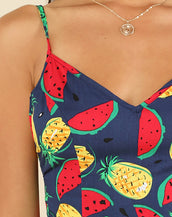 Fruit Print Boxed Pleated Women Jumpsuit