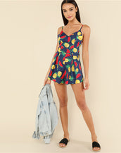 Fruit Print Boxed Pleated Women Jumpsuit