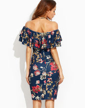 Multicolor Floral Off The Shoulder Ruffle Dress