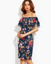 Multicolor Floral Off The Shoulder Ruffle Dress