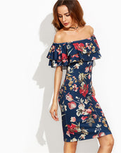 Multicolor Floral Off The Shoulder Ruffle Dress