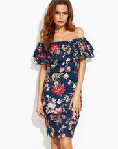 Multicolor Floral Off The Shoulder Ruffle Dress